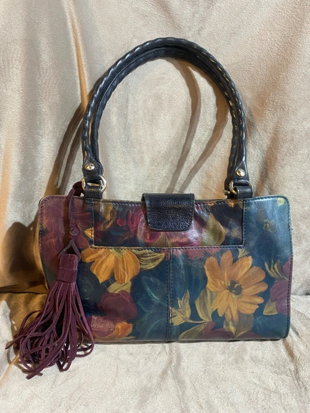 Patricia Nash Rienzo Floral Black Leather Peruvian Painting Shoulder Handbag
